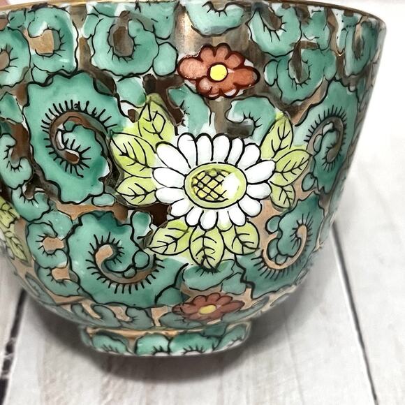 Vintage A.C.F. Mid Century Japanese Porcelain Tea Set Green Floral Gold Enamel - Picture 13 of 16